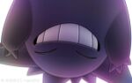  arms_up closed_eyes commentary facing_viewer gengar grin happy komepan no_humans pokemon pokemon_(creature) smile solo teeth upside-down white_background 