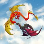 1:1 2024 2_horns activision blue_sky cloud cynder dated digital_drawing_(artwork) digital_media_(artwork) dragon duo eye_contact female feral flame_(spyro) flying happy hi_res horn looking_at_another male multi_horn mythological_creature mythological_scalie mythology scalie sky spyro_the_dragon tail the_legend_of_spyro wings xannador