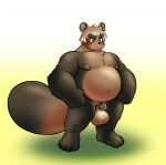 anthro balls big_balls biped blush canid canine chastity_cage chastity_device eyebrows fur genitals hair hi_res male mammal raccoon_dog solo tail tanuki witherrose1
