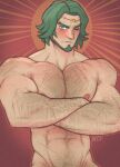  1boy abs artist_name bara biceps blush crossed_arms diadem f_con feet_out_of_frame fire_emblem fire_emblem:_three_houses green_eyes green_hair hairy highres large_pectorals male_focus manly mature_male muscular muscular_male nipples one_eye_closed pectorals scar seteth_(fire_emblem) short_hair signature simple_background solo sun sweat sweatdrop thick_arms thick_eyebrows upper_body veins very_hairy 