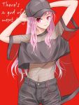  1girl arms_behind_head baseball_cap black_hat black_pants fishnet_top fishnets hat hololive hololive_english looking_at_viewer midriff mori_calliope navel pants pink_eyes pink_hair red_background see-through see-through_shirt solo standing tanyao 