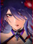  1girl acheron_(honkai:_star_rail) black_choker blood blood_from_eyes choker collarbone flower hair_over_one_eye highres honkai:_star_rail honkai_(series) lips lipstick long_hair looking_at_viewer makeup nanarou76 parted_lips portrait purple_eyes purple_hair red_eyes red_flower single_bare_shoulder solo water_drop 