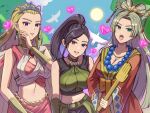  3girls :o beads bird blonde_hair blue_eyes blush bracelet breasts ch1emon_i cleavage collarbone dragon_quest dragon_quest_xi earrings full_moon grey_hair hair_ornament heart highres jewelry large_breasts leaning_forward martina_(dq11) midriff moon multiple_girls necklace nima_daishi ponytail purple_eyes purple_hair selen_(dq11) thighhighs tiara 