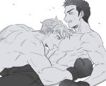  2boys ao_isami artist_request between_pectorals blush boxing_gloves couple facial_hair from_side greyscale head_between_pecs lewis_smith male_focus monochrome multiple_boys muscular muscular_male nipples official_alternate_costume pectorals profile sideburns_stubble stubble thick_eyebrows topless_male yaoi yuuki_bakuhatsu_bang_bravern 