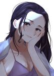  1girl amaguri_op black_hair blue_eyes brown_eyes camisole cardigan cardigan_on_shoulders close-up eyelashes hand_on_own_cheek hand_on_own_face highres light_smile long_hair looking_to_the_side nico_robin one_piece purple_camisole sidelocks simple_background smile solo upper_body white_background 