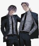  2boys belt black_belt black_jacket black_necktie black_pants black_suit closed_mouth collared_shirt cowboy_shot ear_piercing grey_shirt haitani_ran haitani_rindou hand_in_pocket hand_on_another&#039;s_shoulder hands_in_pockets highres jacket jacket_on_shoulders light_smile looking_at_another looking_at_viewer male_focus multicolored_hair multiple_boys neck_tattoo necktie open_clothes open_jacket pants parted_lips piercing purple_eyes purple_hair shirt simple_background standing streaked_hair suit tattoo teeth tokyo_revengers upper_teeth_only wawgwo wolf_cut 