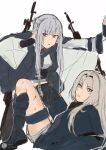  2girls ak-12_(girls&#039;_frontline) an-94_(girls&#039;_frontline) aqua_eyes arm_support bangs black_hairband black_pants blonde_hair boots breasts churk defy_(girls&#039;_frontline) from_side girls&#039;_frontline grey_hair gun gun_on_back hairband hand_in_own_hair highres jacket kneeling lofter_username long_hair long_sleeves looking_at_viewer multiple_girls on_floor open_mouth pants purple_eyes sidelocks tactical_clothes weapon weapon_on_back white_background 