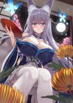  1girl absurdres animal_ear_fluff animal_ears azur_lane bare_shoulders blue_butterfly blue_eyes blush breasts bug butterfly cleavage flower fox_ears fox_girl from_below full_moon gold_trim grey_hair highres huge_breasts knees_together_feet_apart long_hair looking_at_viewer miniskirt moon night night_sky orange_flower pleated_skirt shinano_(azur_lane) sitting skirt sky solo thighhighs very_long_hair white_skirt white_thighhighs wrist_flower yanazawa_ko 