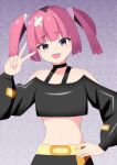  1girl :d absurdres akaasha_(vwdt4435) bare_shoulders belt black_choker black_shirt choker collarbone commentary_request coral_(pokemon) fang hair_ornament hand_on_own_hip hand_up happy highres looking_at_viewer navel off-shoulder_shirt off_shoulder open_mouth pink_hair pokemon pokemon_(anime) pokemon_horizons raised_eyebrows shirt smile solo twintails v yellow_belt 