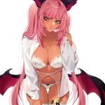  1girl animal_ears black_bow bow bow_panties bra breasts brown_eyes cleavage closed_mouth collarbone collared_shirt dark-skinned_female dark_skin eyelashes facial_mark garter_belt heart heart_facial_mark highres indie_virtual_youtuber lace_garter_belt large_breasts leaning_forward long_hair long_sleeves low_wings navel open_clothes open_shirt panties pink_hair raituna second-party_source shirt solo thigh_gap thighhighs trickywi underwear virtual_youtuber white_bra white_garter_belt white_shirt white_thighhighs wings 
