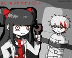  1boy 1girl annoyed artist_name bags_under_eyes black_hair black_thighhighs clenched_teeth closed_mouth coat crossed_arms gloves grey_background hair_ribbon holding igaku_(utau) jitome lab_coat long_hair looking_at_viewer messy_hair multicolored_hair necktie ramdaram red_eyes red_necktie red_ribbon red_skirt red_streaks ribbon short_hair short_twintails signature simple_background skirt smile straitjacket streaked_hair teeth thighhighs twintails twitter twitter_username two_side_up unhappy unkempt very_long_hair white_coat white_hair wrench 