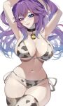  1girl absurdres animal_print arms_up artist_name bell bikini black_bikini black_choker blue_eyes breasts choker closed_mouth collarbone cottontail_(vtuber) cow_print diamond-shaped_pupils diamond_(shape) heart heart_in_eye heterochromia highres indie_virtual_youtuber large_breasts long_hair navel neck_bell pink_eyes purple_hair raituna side-tie_bikini_bottom solo stomach swimsuit symbol-shaped_pupils symbol_in_eye thigh_gap thighhighs two-tone_bikini two-tone_thighhighs virtual_youtuber white_bikini white_thighhighs 