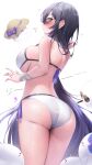  1girl =_= absurdres ass back bandaged_wrist bandages bare_shoulders bikini black_hair blush blush_stickers bow breasts commentary_request flower flying_sweatdrops from_behind heart highres hitodama large_breasts long_hair looking_at_viewer looking_back morros original purple_bow purple_flower revision side-tie_bikini_bottom sideboob sideways_glance simple_background solo sunglasses swimsuit very_long_hair white_background white_bikini 
