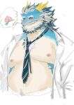 anthro belly clothed clothing dragon facial_hair food fruit hair hi_res horn imagining lifewonders male mature_male mythological_creature mythological_scalie mythology necktie nipples overweight partially_clothed peach_(fruit) plant popcornduck2 qinglong_(tas) scalie solo thought_bubble tokyo_afterschool_summoners white_hair