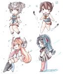  4girls black_hair brown_hair chibi closed_mouth crossed_bangs drum_(kancolle) glasses gloves grey_hair grey_sailor_collar hair_between_eyes hair_ornament hair_ribbon hat headgear heian_maru_(kancolle) highres i-36_(kancolle) i-41_(kancolle) kantai_collection long_hair multiple_girls neckerchief one-piece_swimsuit parted_lips pink_hair poipoi_purin ribbon round_eyewear sailor_collar short_sleeves short_twintails simple_background star_(symbol) star_hair_ornament swimsuit thigh_strap thighhighs torpedo twintails very_long_hair white_background white_gloves white_sailor_collar 