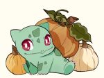  bulbasaur claws fangs looking_at_viewer mjoyart no_humans pokemon pokemon_(creature) pumpkin red_eyes simple_background smile solo white_background 