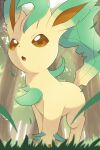  day falling_leaves grass highres leaf leafeon no_humans open_mouth outdoors pokemon pokemon_(creature) rumine_(yoshi1234567) solo tree 