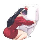  1girl artist_logo bare_legs black_hair breasts earrings hairband hangover jewelry jk_arts large_breasts long_hair motion_lines off_shoulder red_sweater ribbed_sweater solo spy_x_family sweater toilet trembling twitter_username white_hairband yor_briar 