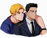  2boys ao_isami arm_around_shoulder black_hair blonde_hair couple cropped_torso facial_hair formal highres lewis_smith looking_ahead looking_at_another male_focus mamefuku_(mamedehuku) multiple_boys necktie shirt sideburns_stubble stubble t-shirt thick_eyebrows yaoi yuuki_bakuhatsu_bang_bravern 