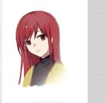  1other androgynous art_program_in_frame black_sweater closed_mouth euthan jacket len&#039;en long_hair no_headwear ooya_kunimitsu open_clothes open_jacket other_focus portrait red_eyes red_hair smile solo sweater turtleneck turtleneck_sweater yellow_jacket 