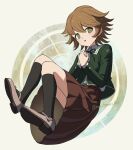  1boy :o artist_name black_socks brown_hair brown_skirt danganronpa:_trigger_happy_havoc danganronpa_(series) fujisaki_chihiro green_background green_eyes green_jacket green_ribbon hair_between_eyes hands_up jacket kneehighs mechnmechn neck_ribbon otoko_no_ko own_hands_together pleated_skirt ribbon shoes short_hair skirt socks solo teeth upper_teeth_only white_background 