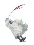 1boy black_footwear blood blue_hair cancer_(zjcconan) cape commentary_request excessive_nosebleed facing_up falling full_body himmel_(sousou_no_frieren) light_blue_hair male_focus nosebleed short_hair simple_background solo sousou_no_frieren white_background white_cape 