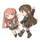  2girls artist_request bang_dream! bang_dream!_it&#039;s_mygo!!!!! black_shirt blue_eyes brown_footwear brown_hair chibi chihaya_anon chinese_commentary commentary_request commission full_body green_necktie green_skirt grey_eyes grey_jacket haneoka_school_uniform highres jacket kneehighs long_hair long_sleeves multiple_girls nagasaki_soyo necktie open_mouth pink_hair plaid plaid_skirt pleated_skirt sailor_collar school_uniform second-party_source shirt simple_background skirt smile socks tsukinomori_school_uniform white_background white_sailor_collar white_socks 