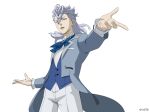  1boy ascot black_clover black_clover_m:_rise_of_the_wizard_king blue_ascot blue_vest braid collared_shirt grey_hair grey_jacket hair_between_eyes jacket looking_at_viewer medium_hair nozel_silva official_alternate_costume official_art open_clothes open_jacket open_mouth pants purple_eyes shirt simple_background solo tuxedo_jacket vest white_background white_pants white_shirt 