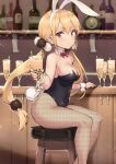 1girl animal_ears bangs bar_stool bare_shoulders black_leotard blonde_hair blurry blurry_background blush bottle bow bowtie breasts bubble_tea cleavage closed_mouth commentary_request covered_navel cup depth_of_field detached_collar drink drinking_glass fake_animal_ears fake_tail fishnet_pantyhose fishnets from_side hair_between_eyes hair_bobbles hair_ornament hairband haoni highres holding holding_cup indoors leotard long_hair looking_at_viewer low_twintails medium_breasts orange_eyes pantyhose playboy_bunny rabbit_ears rabbit_tail red_bow red_bowtie sitting solo stool strapless strapless_leotard tail twintails unmoving_pattern very_long_hair wrist_cuffs xiaoyuan_(you_can_eat_the_girl) you_can_eat_the_girl 