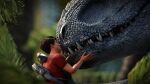  16:9 2022 3d_(artwork) 4k absurd_res blurred_background claws clothed clothing detailed_background digital_media_(artwork) dinosaur duo eyes_closed female female_(lore) feral grabbing hair hand_on_head hi_res human hybrid indominus_rex ivorylagiacrus jurassic_park jurassic_world kissing larger_female larger_feral male male/female mammal outside plant reptile scales scalie sharp_claws sharp_teeth size_difference smaller_human smaller_male smile teeth theropod universal_studios widescreen 