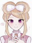  1girl akamatsu_kaede bow closed_mouth collared_shirt danganronpa_(series) danganronpa_v3:_killing_harmony flying_sweatdrops hair_bow hands_up highres long_hair necktie ni_yomu orange_necktie pink_eyes pink_sweater_vest portrait shirt simple_background smile solo spoken_blush sweater_vest white_background white_bow white_shirt 