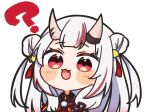  1girl :o ? bell blush chibi commentary_request double_bun hair_bell hair_bun hair_ornament highres hololive horns japanese_clothes kimono long_hair multicolored_hair nakiri_ayame nakiri_ayame_(1st_costume) oni open_mouth red_eyes red_kimono skin-covered_horns solo streaked_hair virtual_youtuber white_background white_hair yasashi_v 