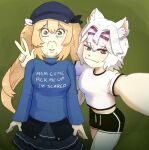  2girls animal_ears black_shorts black_skirt blonde_hair blue_hat blue_sweater breasts closed_mouth cowboy_shot dokibird_(vtuber) english_text filian_(vtuber) green_background green_eyes indie_virtual_youtuber long_hair long_sleeves medium_breasts medium_hair midriff multiple_girls newbie_is_pro purple_eyes scared selfie shirt short_shorts short_sleeves shorts skirt smile sweat sweater t-shirt turtleneck turtleneck_sweater twintails v virtual_youtuber white_hair white_shirt wide-eyed 