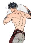  1boy bandaged_arm bandages black_hair blue_eyes cowboy_shot from_above genshin_impact head_on_pillow kanapy looking_at_viewer looking_back lying male_focus messy_hair on_stomach pants parted_lips pillow pillow_grab scar scar_on_arm scar_on_back scar_on_shoulder short_hair simple_background solo teeth toned toned_male topless_male upper_teeth_only wriothesley_(genshin_impact) 