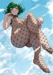  1girl aoi_sakura_(seak5545) ass bodystocking breasts chinese_commentary closed_mouth commentary_request crossed_legs curly_hair feet fishnets floating from_below green_eyes green_hair legs levitation looking_at_viewer nipples no_shoes one-punch_man psychic pussy short_hair sky small_breasts smile solo tatsumaki toenails toes uncensored 