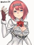 1girl ark_royal_(kancolle) blue_eyes bob_cut breasts brown_gloves corset fingerless_gloves flower gloves hairband highres inverted_bob kantai_collection long_sleeves maakun_(makun_dx) medium_breasts neck_flower one-hour_drawing_challenge red_flower red_hair red_rose rose short_hair simple_background solo tiara twitter_username upper_body white_background white_corset 