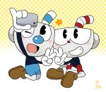  blue_pants brothers brown_footwear camera cuphead cuphead_(game) gloves holding holding_camera koginokii mugman object_head open_mouth pants red_pants siblings smile 