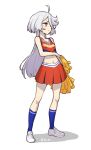  1girl ahoge alternate_costume bare_arms bare_shoulders blue_socks cheerleader closed_mouth clothes_writing crop_top cross-laced_footwear full_body grey_eyes gundam gundam_suisei_no_majo hair_over_one_eye hand_on_own_elbow heebee holding holding_pom_poms long_hair looking_away midriff miorine_rembran navel one_eye_covered orange_shirt orange_skirt pleated_skirt pom_pom_(cheerleading) shadow shirt shoes simple_background skirt sneakers socks solo standing twitter_username white_background white_footwear 