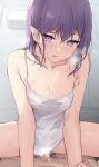  1boy 1girl bare_shoulders blush breasts camisole collarbone cowgirl_position cum cumdrip girl_on_top hetero highres kaetzchen licking_lips looking_at_viewer misaki_(kaetzchen) original penis pointy_ears purple_eyes purple_hair sex short_hair smile spread_legs straddling thighs tongue tongue_out vaginal white_camisole 