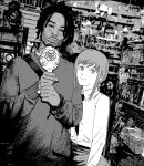  1boy 1girl absurdres backpack bag bracelet candy chainsaw_man chupa_chups clock convenience_store crossover dark-skinned_male dark_skin dreadlocks food highres holding holding_candy holding_food holding_lollipop jewelry lollipop makima_(chainsaw_man) necktie playboi_carti real_life shirt shop smile white_shirt xyanaid 