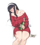  1girl alcohol artist_logo black_hair blush bottle breasts broken_glass cleavage closed_eyes drunk earrings glass gold_earrings hairband holding holding_bottle invisible_chair jewelry jk_arts large_breasts long_hair red_sweater ribbed_sweater sitting sleeping solo spy_x_family sweater twitter_username white_background white_hairband yor_briar 