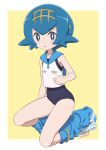  1girl :o bare_arms bare_shoulders barefoot blue_eyes blue_hair blush breasts clothes_pull commentary_request feet full_body gensei00 hair_ornament highres lana_(pokemon) open_mouth pants pants_pull pokemon pokemon_sm shirt short_hair simple_background sleeveless sleeveless_shirt small_breasts solo swimsuit swimsuit_under_clothes yellow_background 