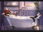anthro bath bathtub bubble bubble_bath calico_cat candle candlelight claw_foot_bathtub claws_out cozy domestic_cat faucet felid feline felis female hair hi_res legs light mammal mearah partially_submerged pawpads plant popping_bubble red_hair relaxing rubber_duck soft_lighting solo sunset tail window yshanii
