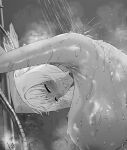  arm_support bent_over blush breasts club3 final_fantasy final_fantasy_xiv half-closed_eyes hanging_breasts large_breasts looking_at_viewer looking_down monochrome parted_lips short_hair showering steam wet y&#039;shtola_rhul 