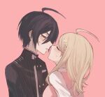  1boy 1girl ahoge akamatsu_kaede black_hair black_jacket blonde_hair blush danganronpa_(series) danganronpa_v3:_killing_harmony facing_another fu_ga_(vivi912912) hair_ornament highres imminent_kiss jacket long_hair musical_note musical_note_hair_ornament pink_background pink_sweater_vest saihara_shuichi short_hair simple_background striped_clothes striped_jacket sweatdrop sweater_vest 