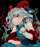  1girl blue_dress blue_eyes chamaruk curly_hair detached_sleeves dress earrings highres horn_ornament horn_ribbon horns jewelry looking_at_viewer pointy_ears red_eyes red_horns red_sleeves ribbon sharp_teeth sheep_horns short_hair smile solo teeth touhou toutetsu_yuuma white_hair 