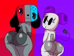  :3 animate_inanimate anthro bent_over big_butt big_ears black_ears black_eyes black_nose black_sclera bubble_butt butt canid controller convenient_censorship cord cord_tail duo eyelashes female floppy_ears game_console game_controller glistening glistening_body glistening_butt glistening_eyes grey_body grey_eyes grey_hair hair hair_over_eye huge_hips huge_thighs looking_at_viewer looking_back mammal multicolored_body nintendo nintendo_console nintendo_controller nintendo_switch nude one_eye_obstructed open_mouth oukokusora presenting presenting_hindquarters purple_background purple_ears rear_view red_background retro_controller seductive shaded shadow short_stack simple_background simple_eyes smile snes_controller standing super_nintendo switch_dog thick_thighs translucent translucent_hair video_games white_body wide_hips wired_controller 