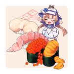  1girl akikawa_yayoi_(umamusume) animal_on_head arms_up ascot blue_flower blue_jacket blue_rose border brown_hair cat cat_on_head chibi chibi_only closed_eyes dated dress fang fish_(food) flower food full_body gunkanmaki ikura_(food) jacket long_hair long_sleeves n:go on_head open_mouth oversized_food oversized_object pink_background rice roe rose signature skin_fang solo standing sushi tofu umamusume uni_(food) very_long_hair white_border white_dress white_hat 