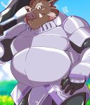  2022 anthro armor brown_body bumomomoboa hi_res humanoid_hands kemono male mammal outside overweight overweight_male solo suid suina sus_(pig) weapon wild_boar 