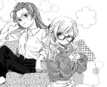  2girls alternate_costume alternate_hairstyle bangs_pinned_back bean_bag_chair bespectacled blush_stickers buttons casual clenched_teeth closed_mouth collared_shirt commentary_request denim fingernails flower forehead glasses glasses_day greyscale hair_flowing_over hair_ornament hand_in_own_hair high-waist_pants interlocked_fingers jeans long_hair long_sleeves looking_at_viewer mahou_shoujo_madoka_magica mahou_shoujo_madoka_magica_(anime) monochrome multiple_girls no+bi= on_chair own_hands_together pants pillow plaid sakura_kyoko shirt shoes simple_background sitting sleeves_past_wrists smile sweater teeth tomoe_mami turtleneck turtleneck_sweater wavy_hair white_background 